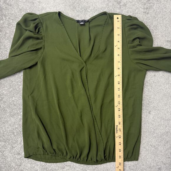 1.STATE Blouse Womens Small Green Long Sleeve V Neck Puff Sleeve Elastic Hem - Picture 4 of 5